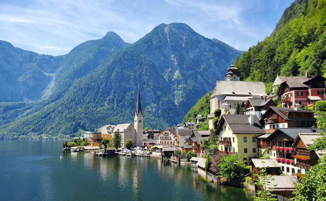 Hallstatt village on Lake Hallstatt with church spire and lakeside houses