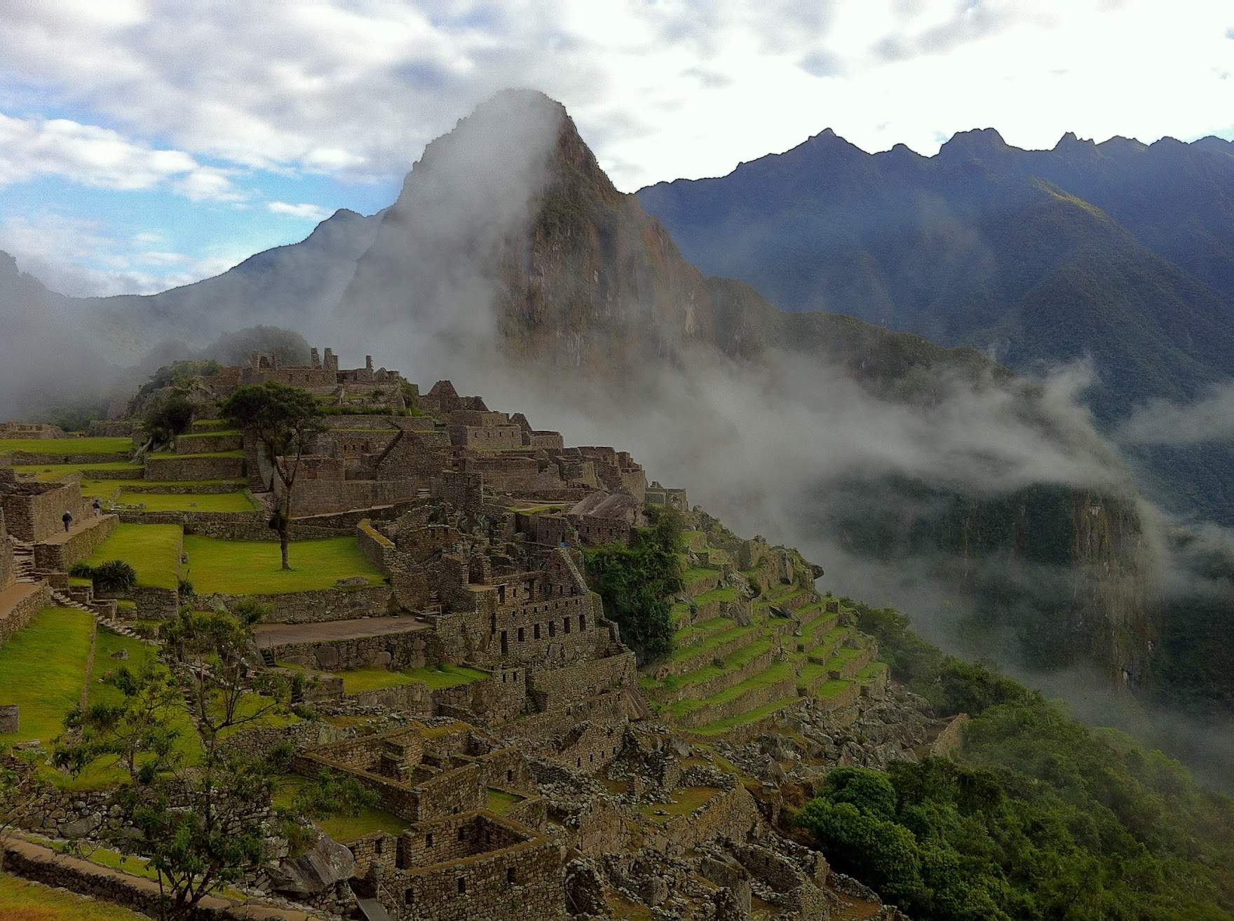 View of Machu Picchu citadel with Huayna Picchu peak rising behind